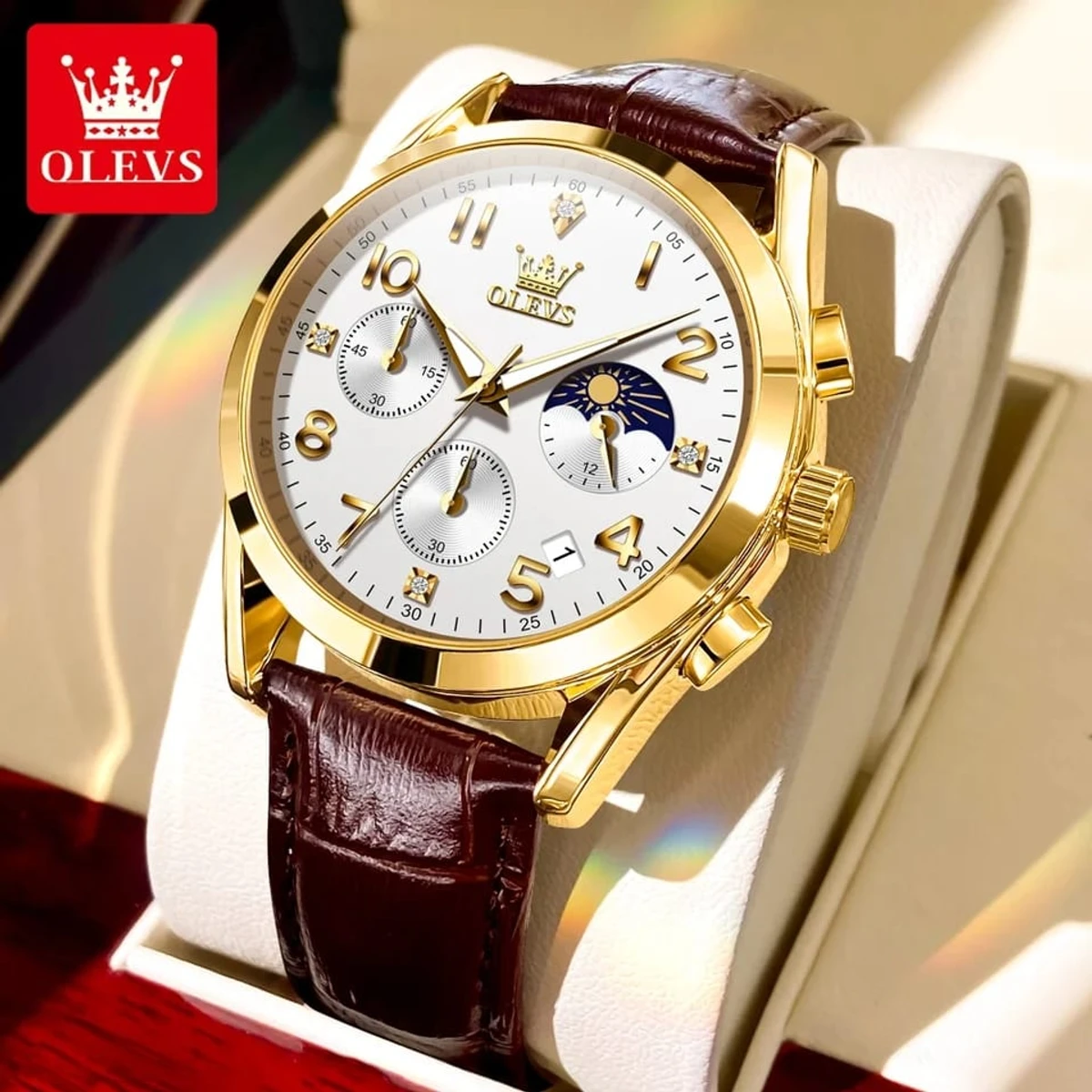OLEVS WATCH MODEL 2890 FASHION WATCH FOR MEN BELT BROWN BORDER GOLDEN DIAL WHITE  WATCH FOR MEN