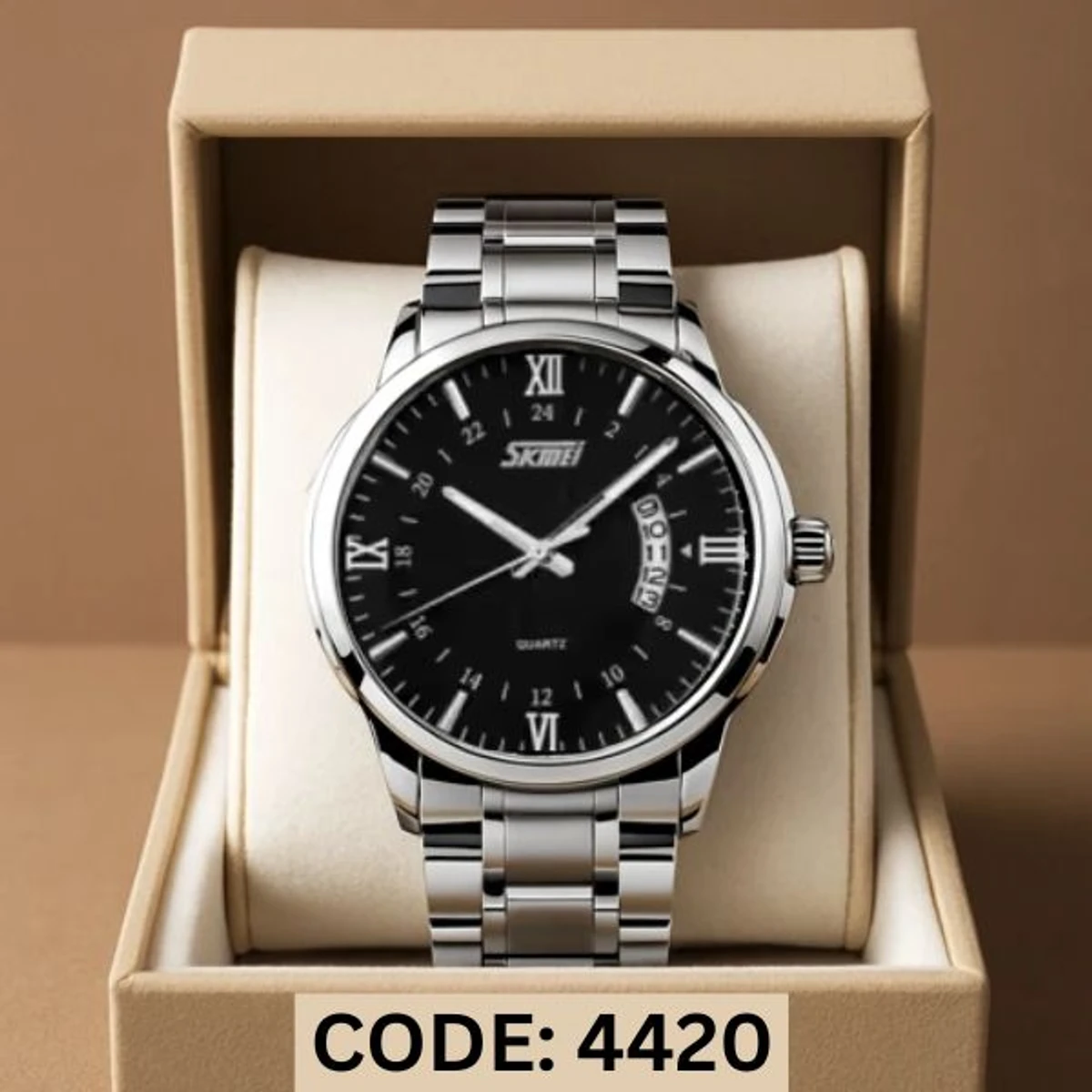 SKMEI WATCH MODEL 9069 SILVER  CHAIN DIAL BLACK COLOUR WATCH FOR MAN