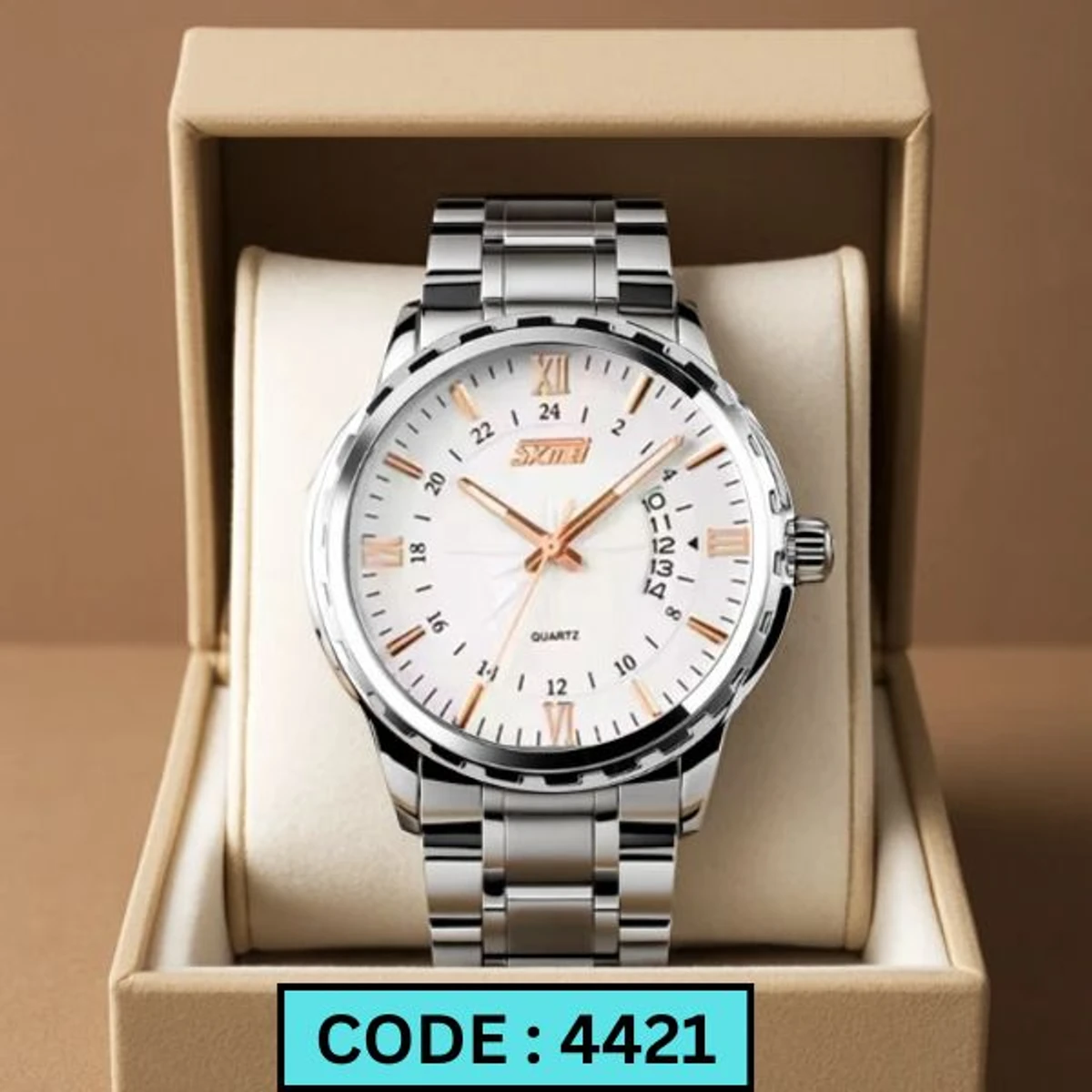 SKMEI WATCH MODEL 9069 SILVER CHAIN DIAL ROSE WHITE  COLOUR WATCH FOR MAN
