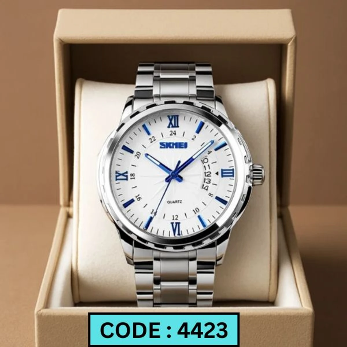 SKMEI WATCH MODEL 9069 SILVER CHAIN DIAL BLUE WHITE COLOUR WATCH FOR MAN
