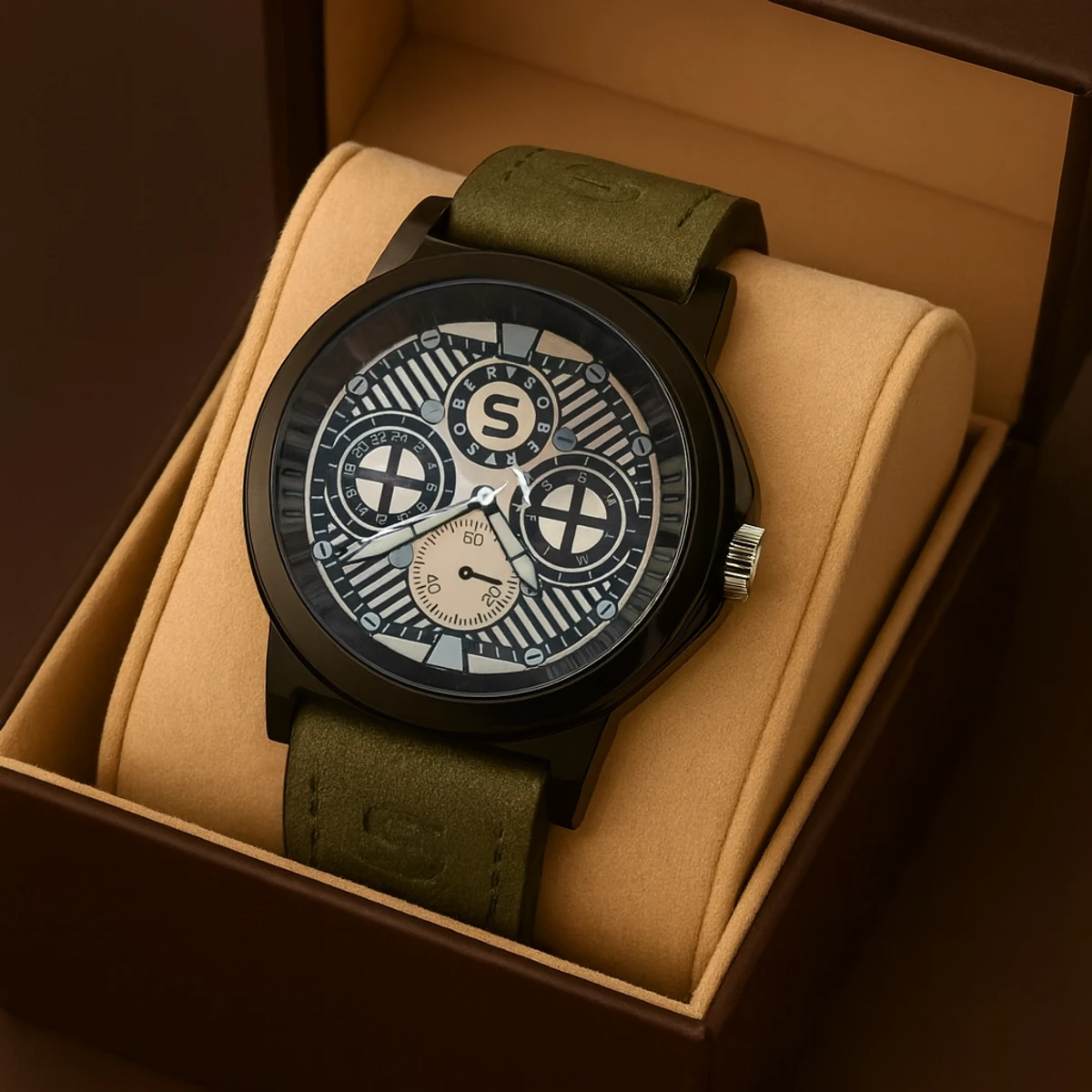 Sober Watch Model 990 Premium Watch Belt Olive Dial White Colour Watch For Man