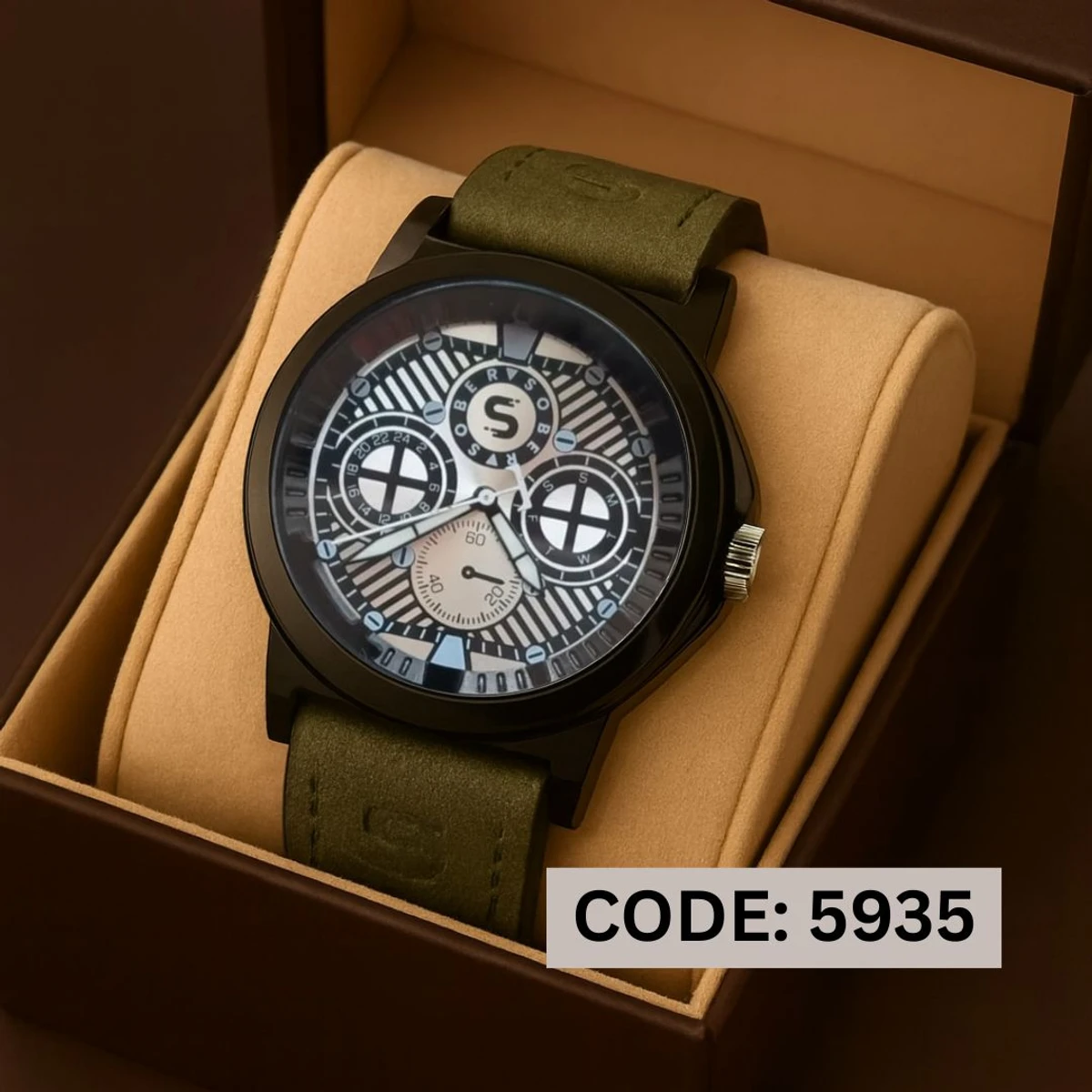 Sober Watch Model 990 Premium Watch Belt Olive Dial White Colour Watch For Man