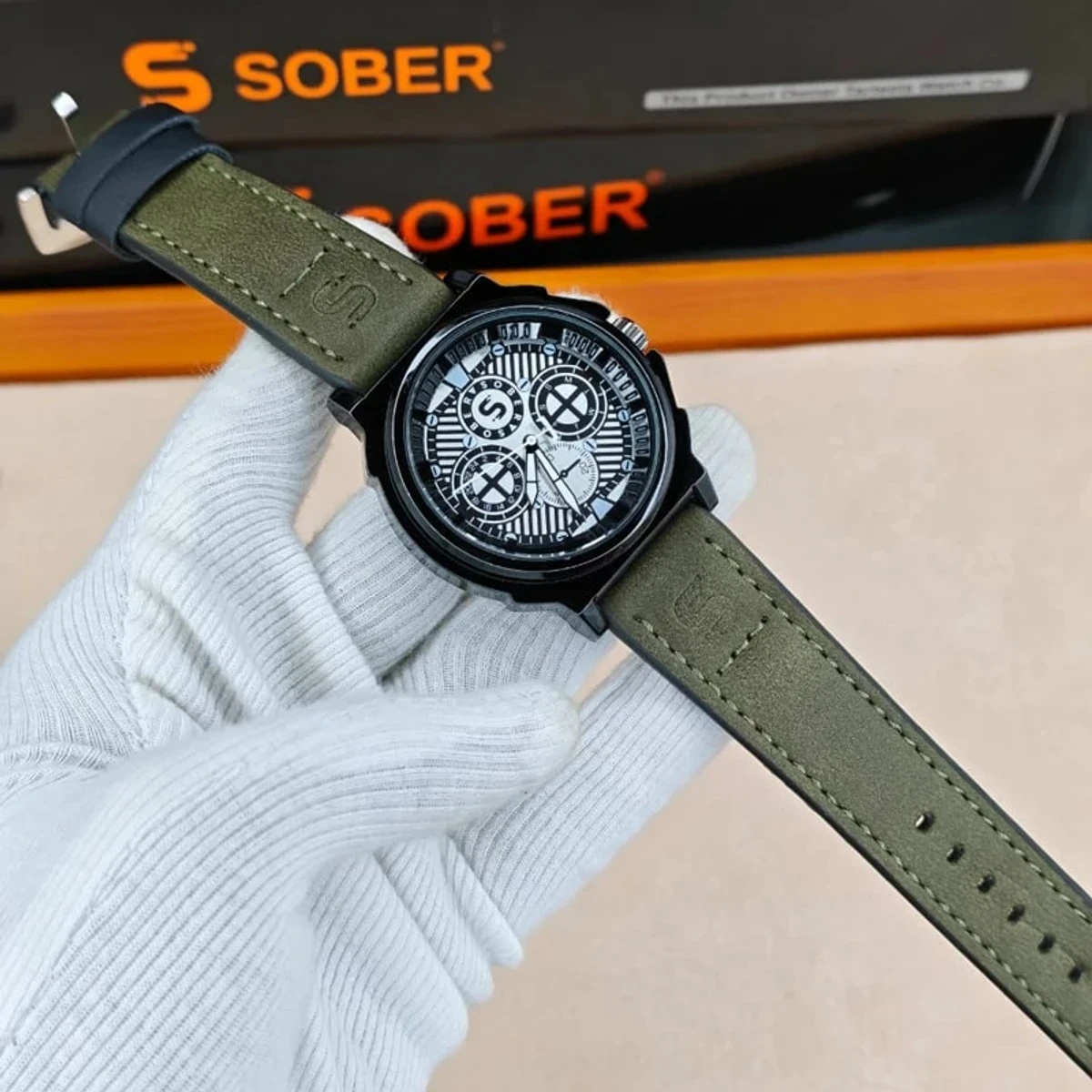 Sober Watch Model 990 Premium Watch Belt Olive Dial White Colour Watch For Man