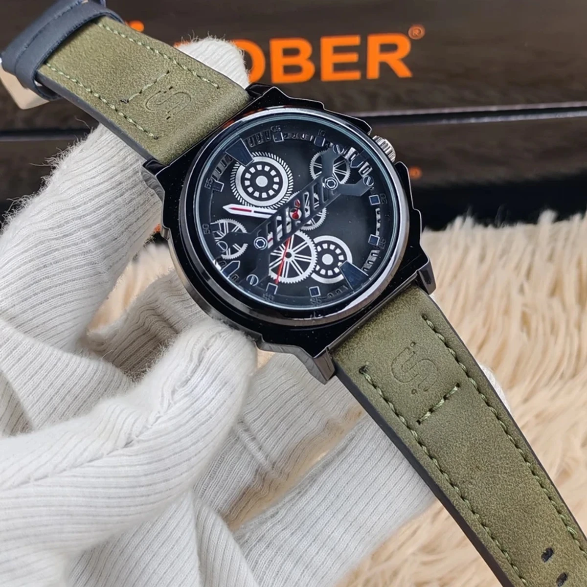 Sober Watch Model 980 Premium Watch Belt Olive Dial Black Colour Watch For Man