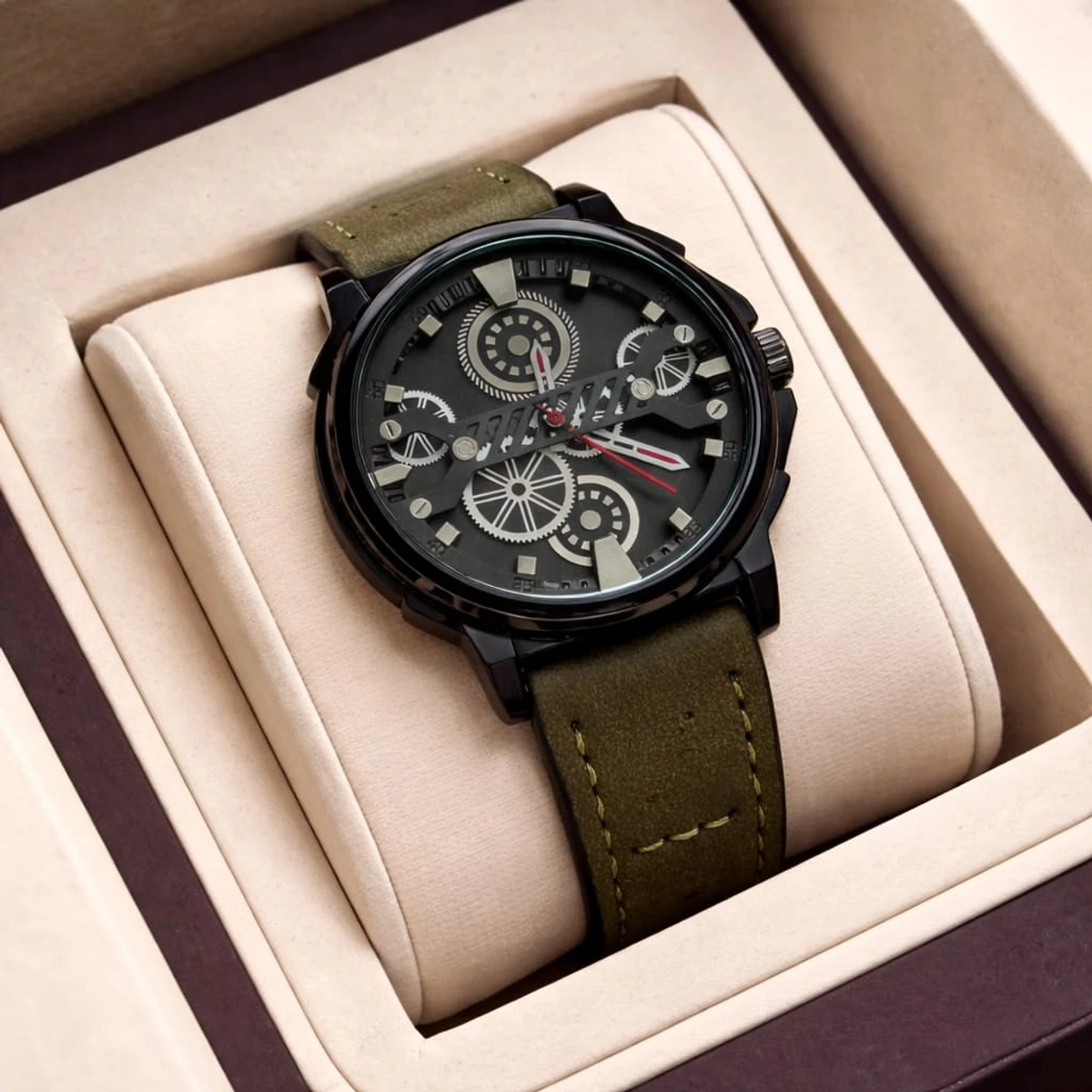 Sober Watch Model 980 Premium Watch Belt Olive Dial Black Colour Watch For Man