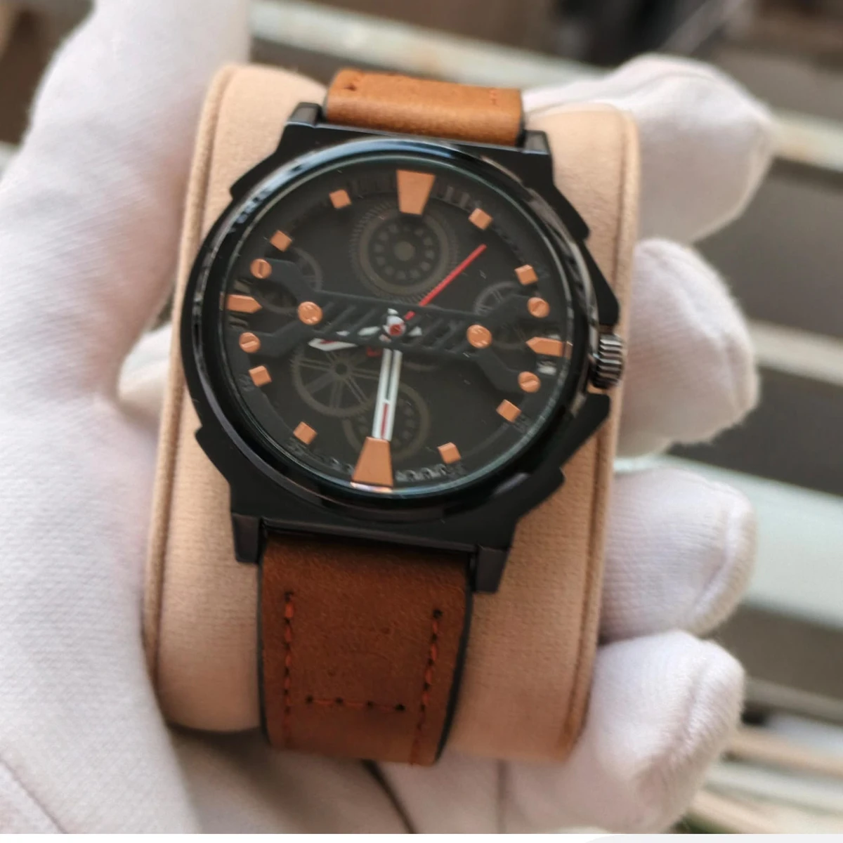 Sober Watch Model 980 Premium Watch Belt Brown Dial Black Colour Watch For Man