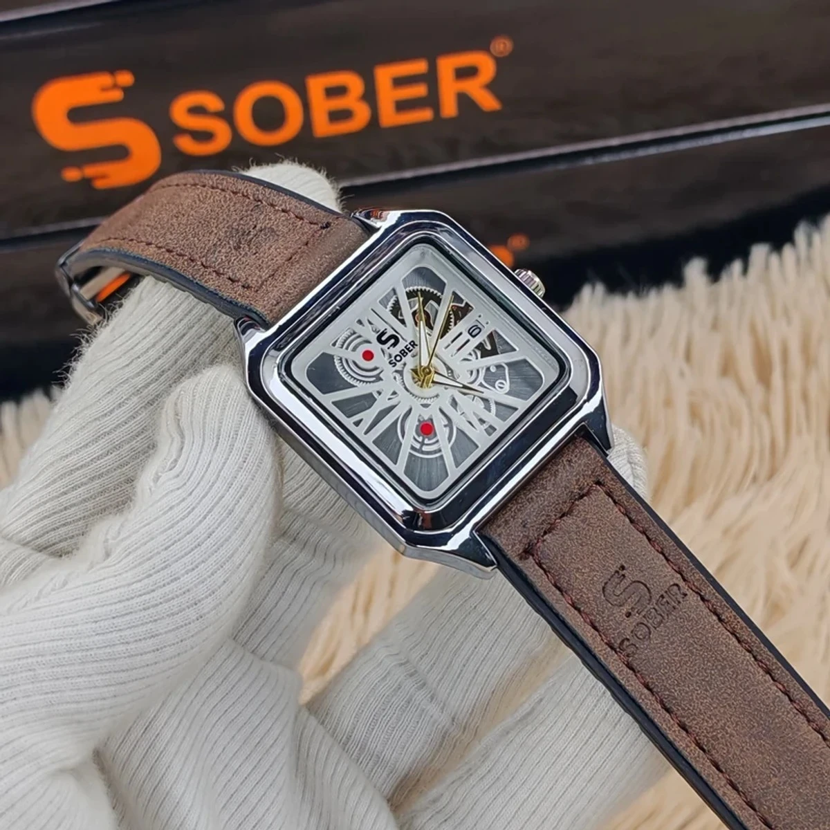 Sober Watch Model 970 Premium Watch Belt Coffee Dial White  Colour Watch For Man