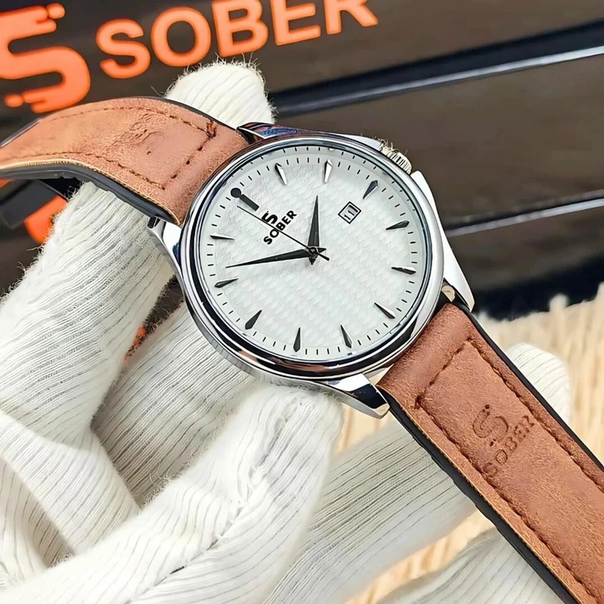 Sober Watch Model 960 Premium Watch Belt Brown  Dial White  Colour Watch For Man