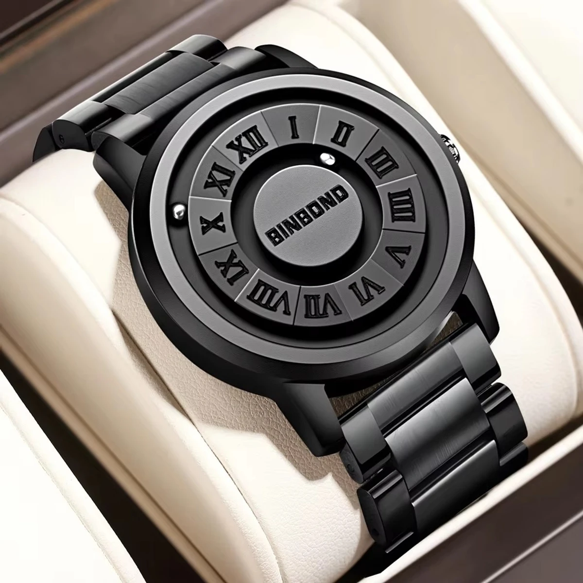 BINBOND model 234 Top Luxury Man Watch Waterproof Creative Scrolling Men Wristwatch High Quality Leather Men's Quartz Watches+Box Relo - FULL BLACK COLOUR WATCH