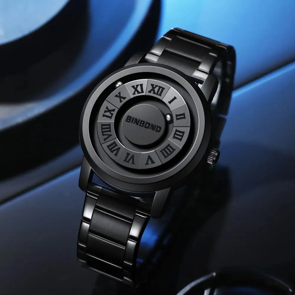 BINBOND model 234 Top Luxury Man Watch Waterproof Creative Scrolling Men Wristwatch High Quality Leather Men's Quartz Watches+Box Relo - FULL BLACK COLOUR WATCH