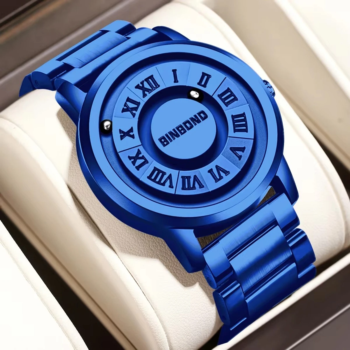 BINBOND model 234 Top Luxury Man Watch Waterproof Creative Scrolling Men Wristwatch High Quality Leather Men's Quartz Watches+Box Relo - FULL BLUE COLOUR WATCH