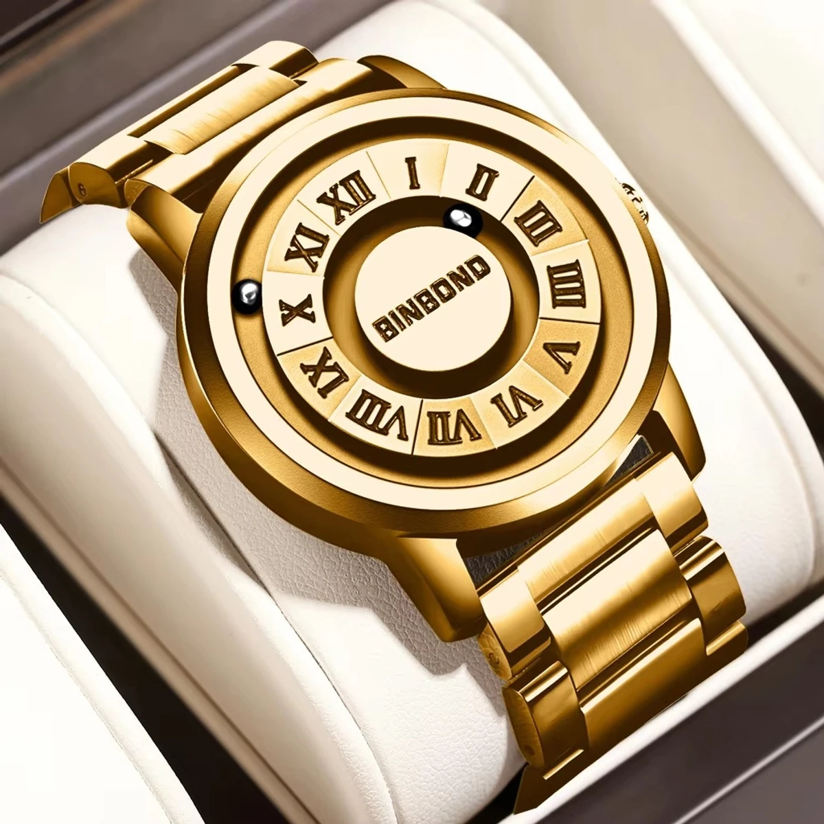 BINBOND model 234 Top Luxury Man Watch Waterproof Creative Scrolling Men Wristwatch High Quality Leather Men's Quartz Watches+Box Relo - FULL GOLDEN COLOUR WATCH