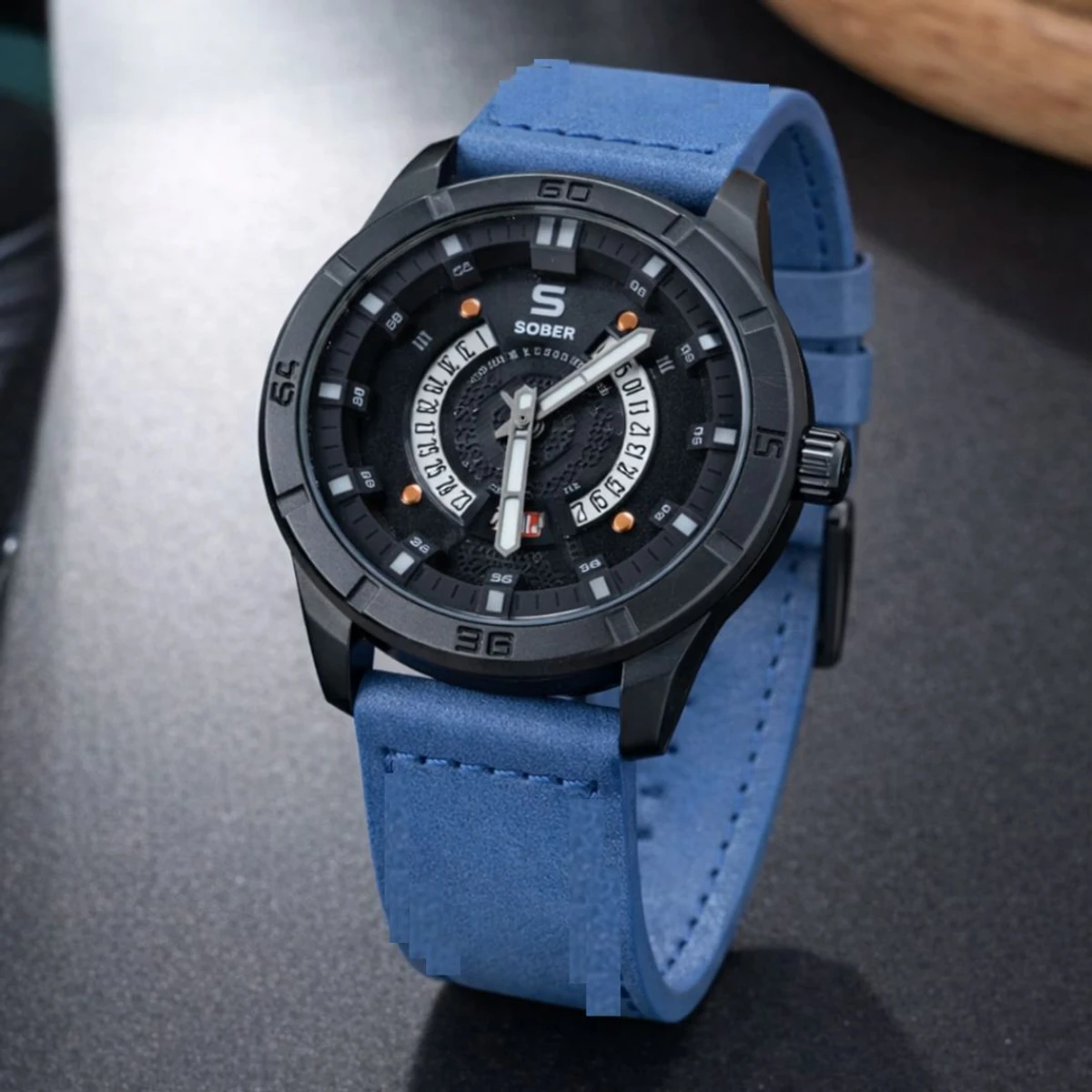 Sober Watch Model 995 Premium Watch Belt Blue Dial Black Colour Watch For Man