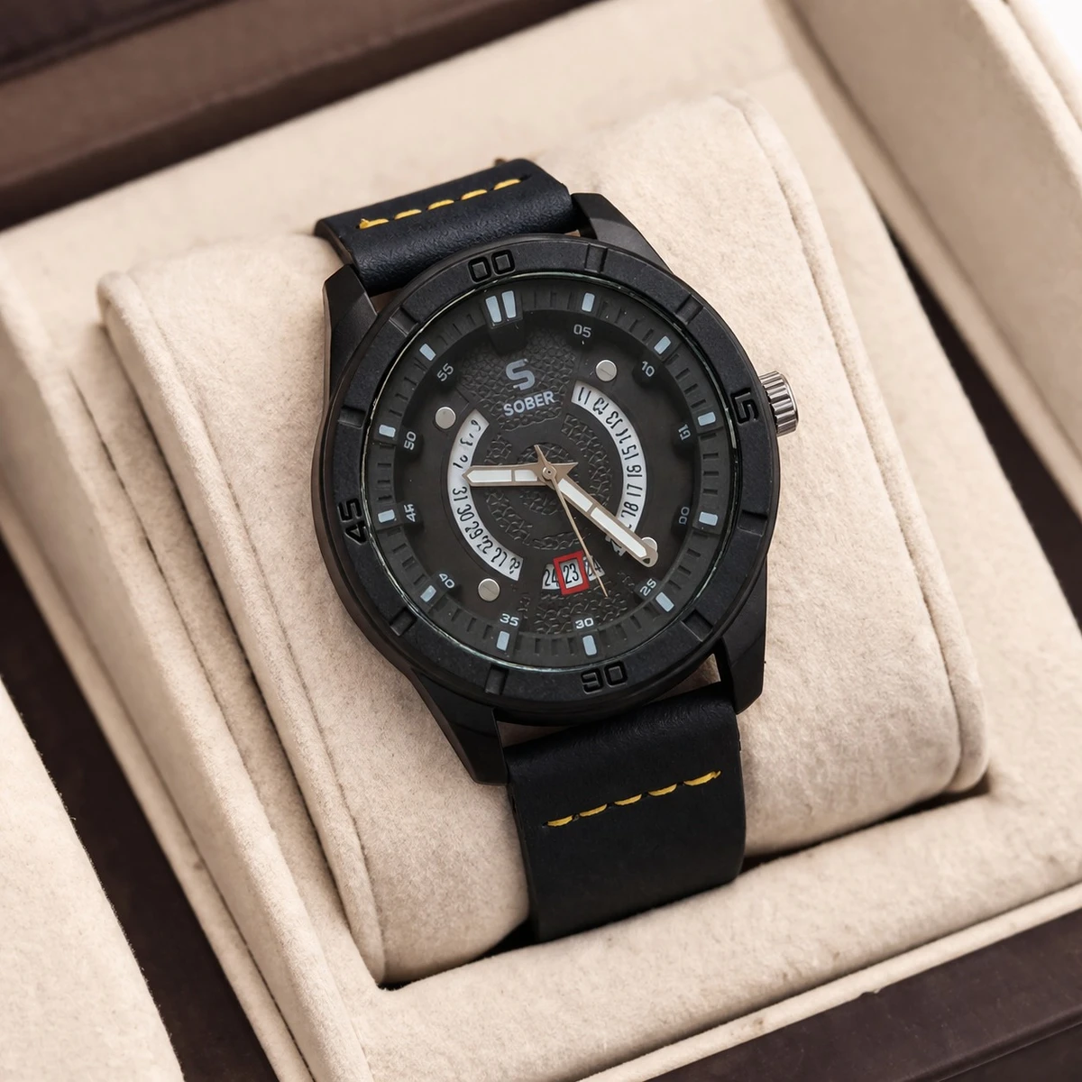 Sober Watch Model 995 Premium Watch Belt Blue Dial Black Colour Watch For Man