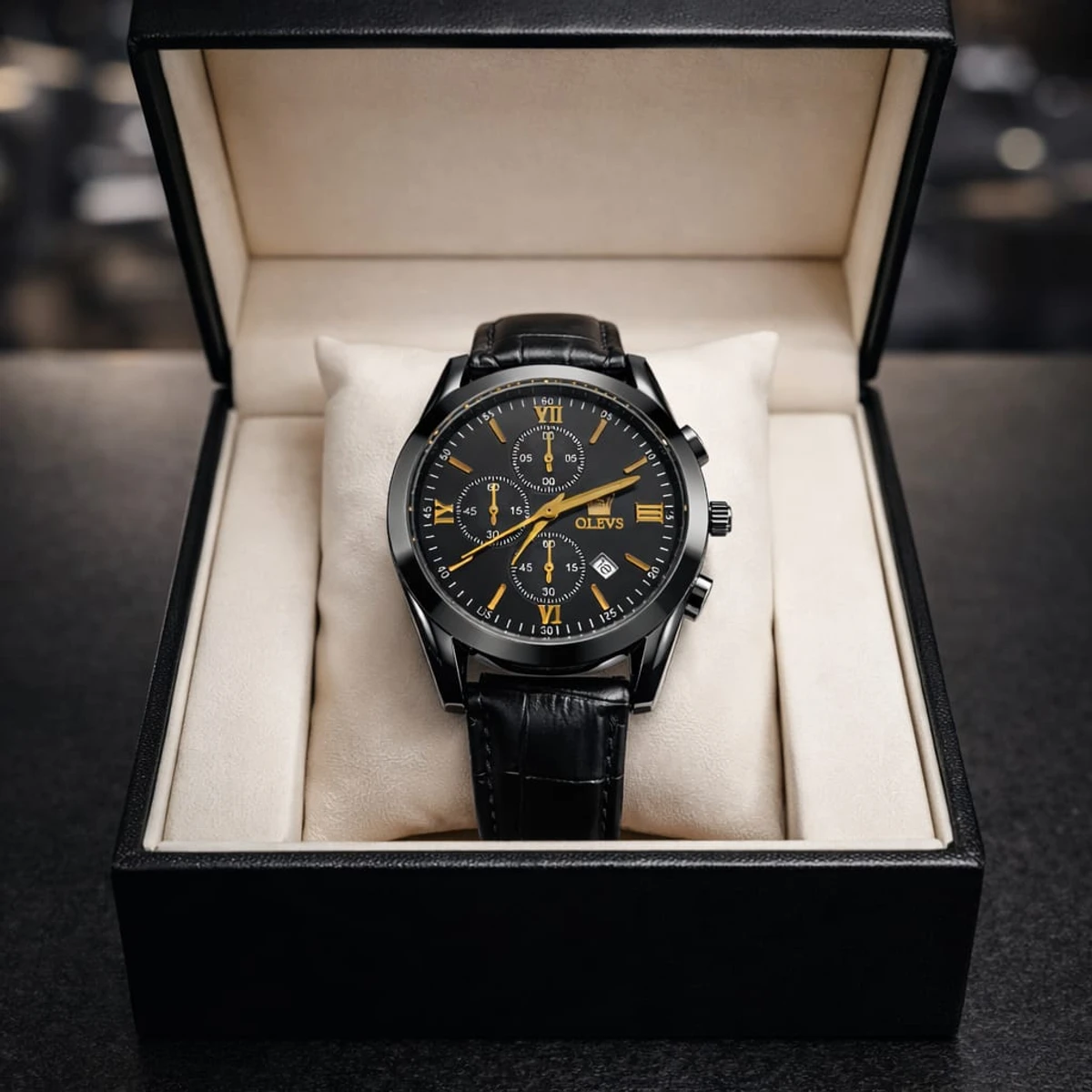 OLEVS WATCH MODEL 2872 FASHION WATCH FOR MEN FULL BLACK COLOUR FOR MEN + এক পিস ব্যাটারি ফ্রি।