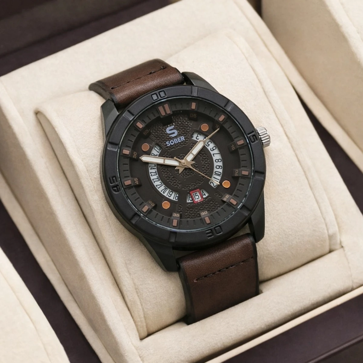 Sober Watch Model 995 Premium Watch Belt Coffee Dial Black Colour Watch For Man