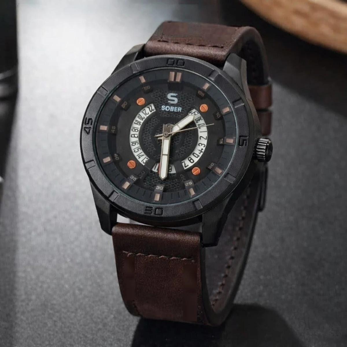 Sober Watch Model 995 Premium Watch Belt Coffee Dial Black Colour Watch For Man
