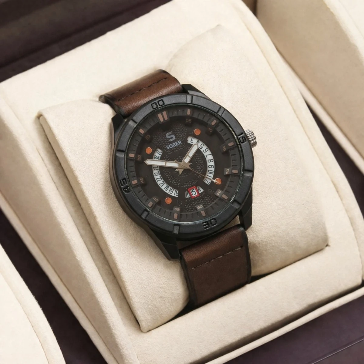 Sober Watch Model 995 Premium Watch Belt Coffee Dial Black Colour Watch For Man