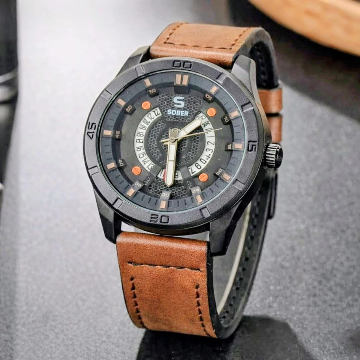 Sober Watch Model 995 Premium Watch Belt Brown Dial Black Colour Watch For Man