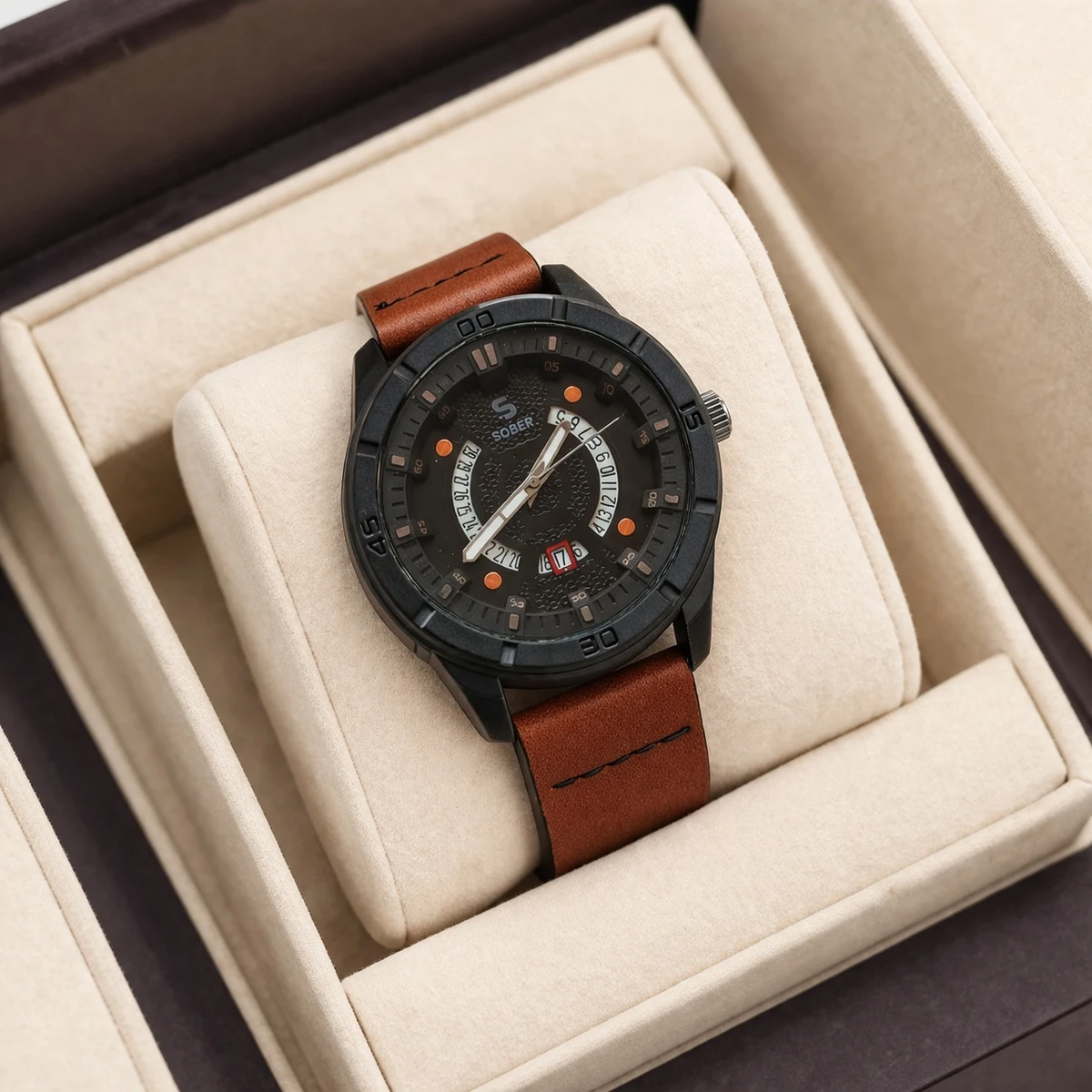 Sober Watch Model 995 Premium Watch Belt Brown Dial Black Colour Watch For Man