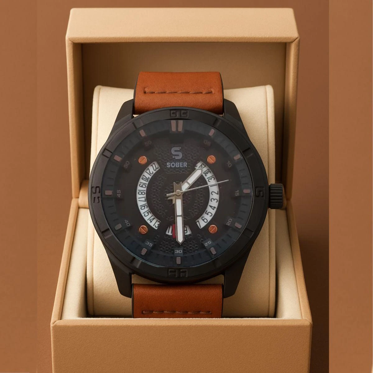 Sober Watch Model 995 Premium Watch Belt Brown Dial Black Colour Watch For Man