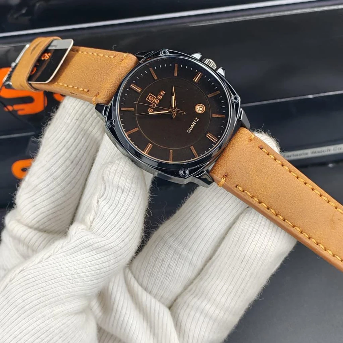 Sober Watch Model 985 Premium Watch Belt Brown Dial Black Colour Watch For Man