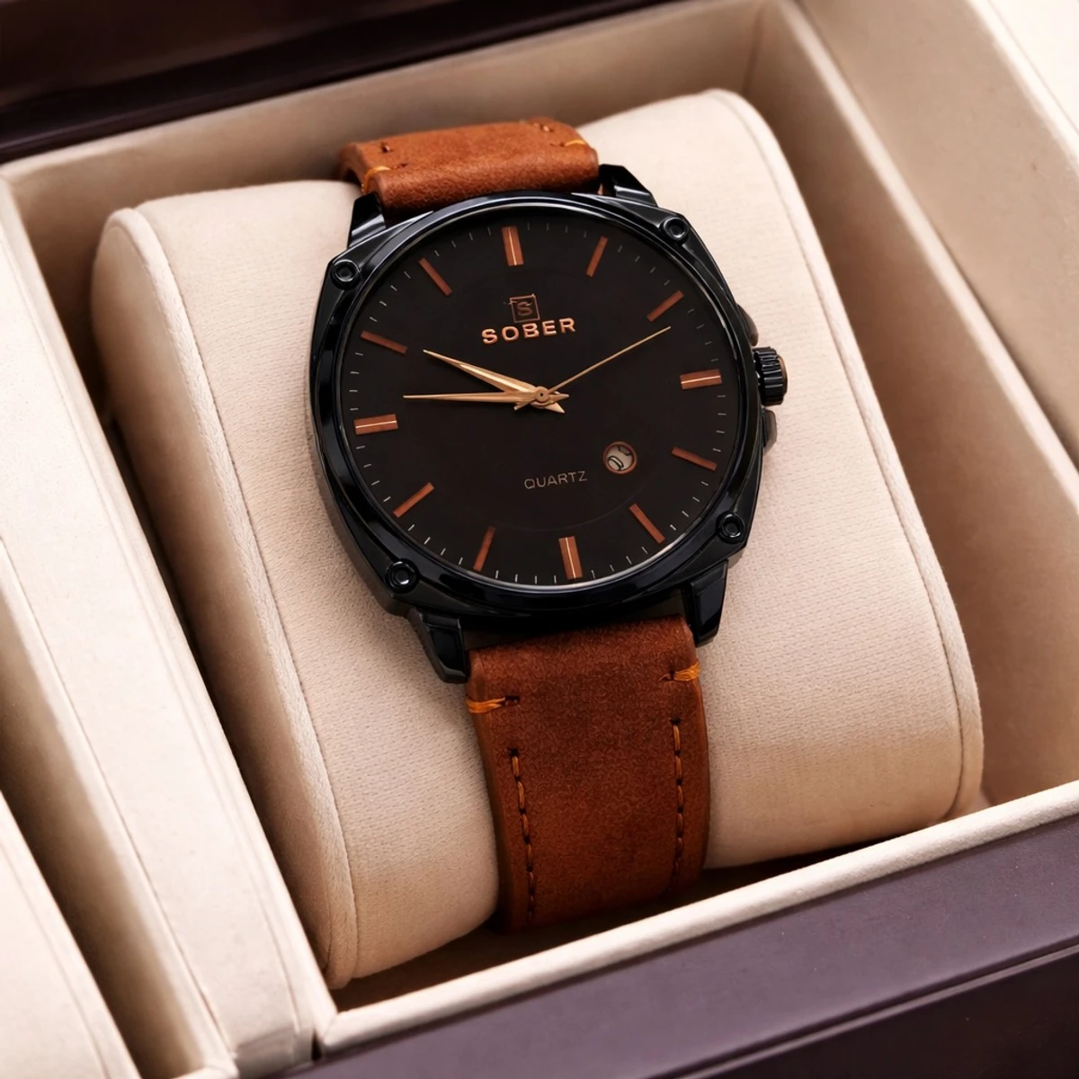 Sober Watch Model 985 Premium Watch Belt Brown Dial Black Colour Watch For Man