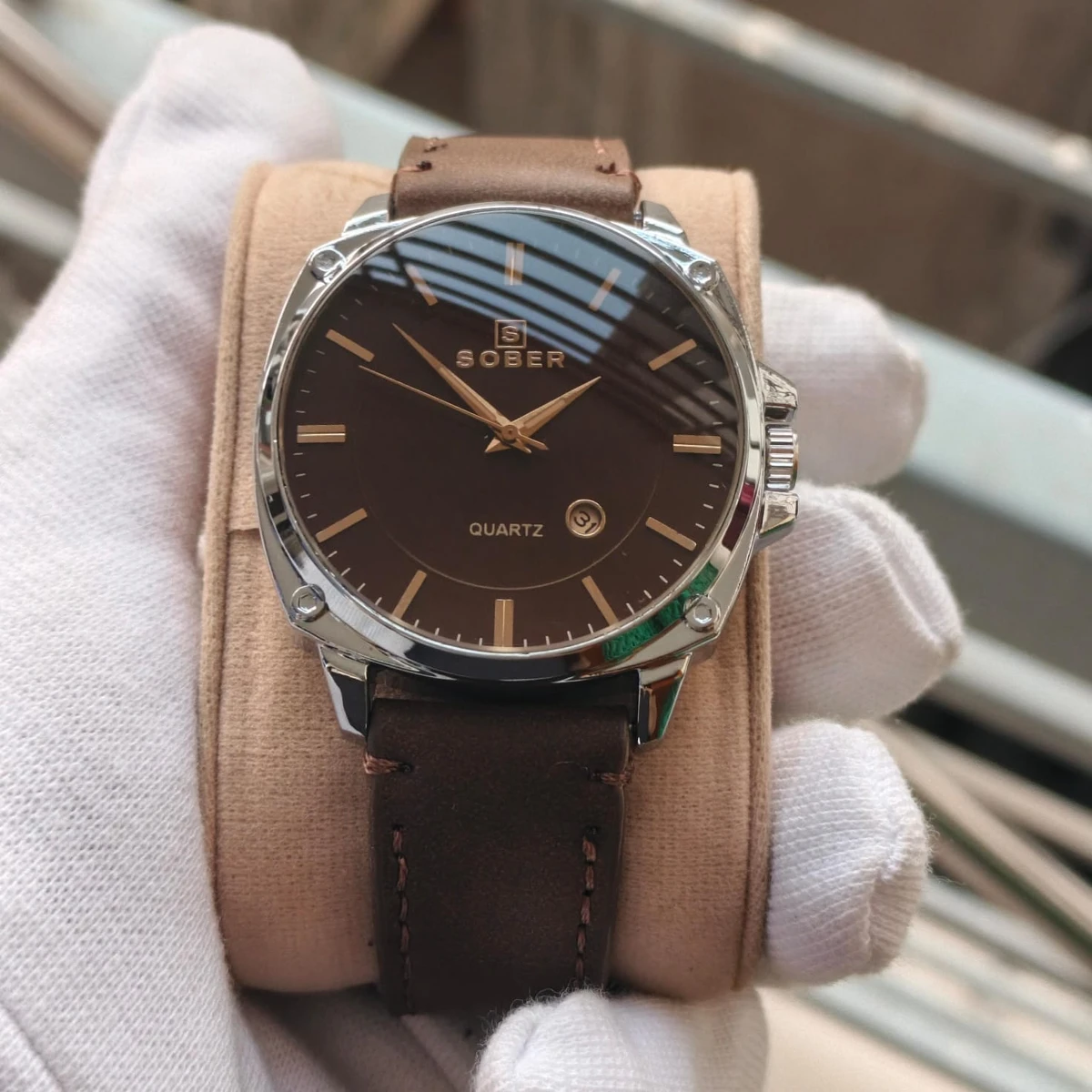 Sober Watch Model 985 Premium Watch Belt Coffe Round Silver  Dial Coffe Colour Watch For Man