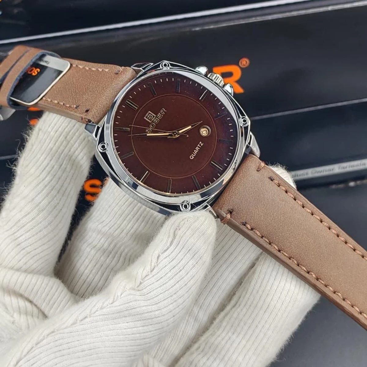 Sober Watch Model 985 Premium Watch Belt Coffe Round Silver  Dial Coffe Colour Watch For Man
