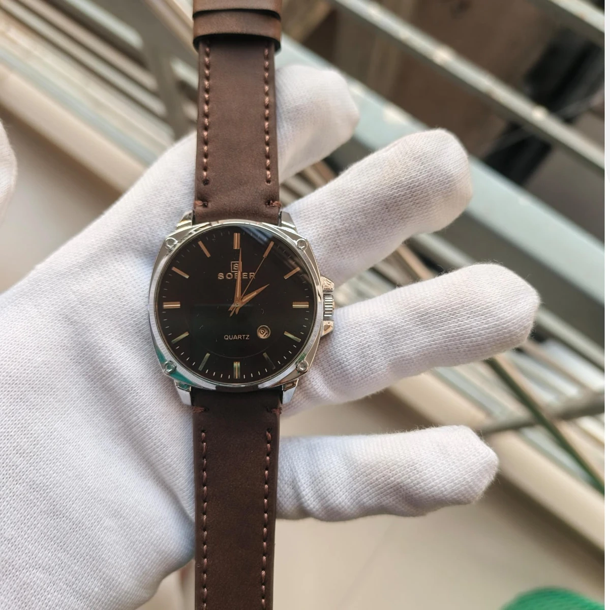 Sober Watch Model 985 Premium Watch Belt Coffe Round Silver  Dial Coffe Colour Watch For Man