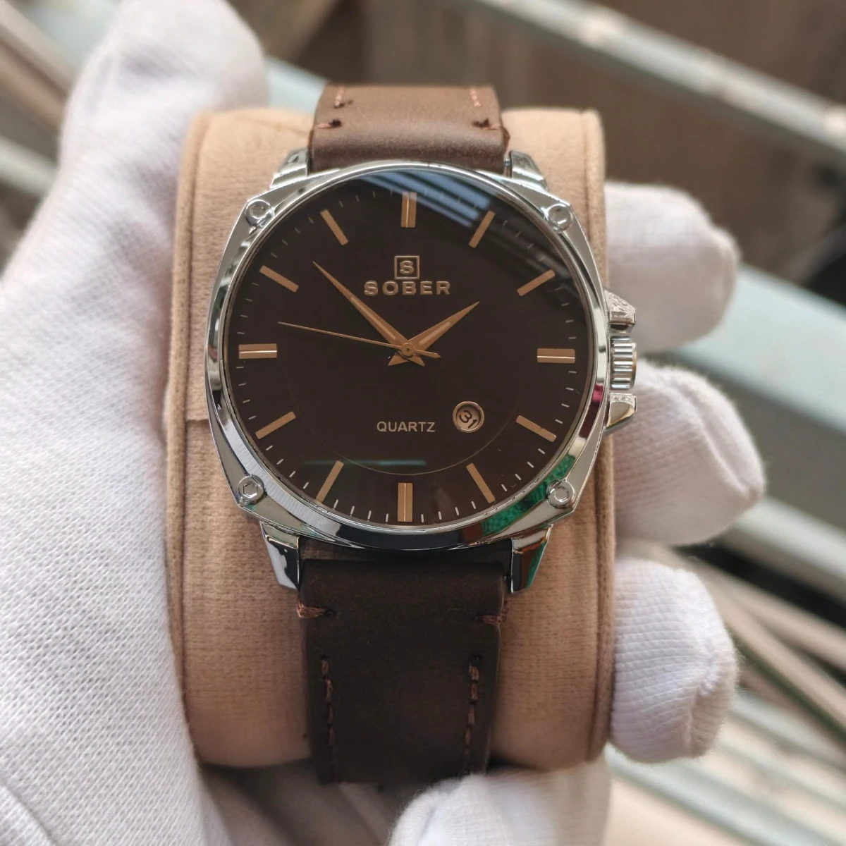 Sober Watch Model 985 Premium Watch Belt Coffe Round Silver  Dial Coffe Colour Watch For Man