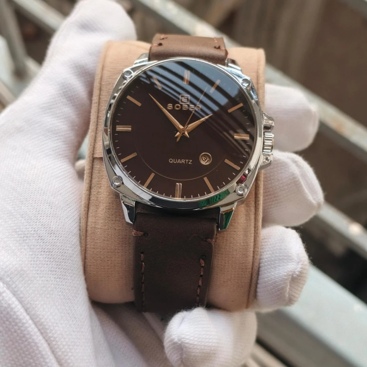 Sober Watch Model 985 Premium Watch Belt Coffe Round Silver  Dial Coffe Colour Watch For Man