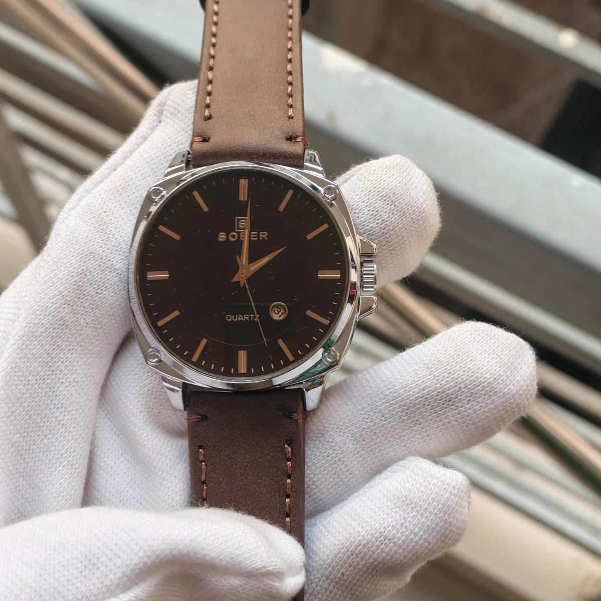 Sober Watch Model 985 Premium Watch Belt Coffe Round Silver  Dial Coffe Colour Watch For Man