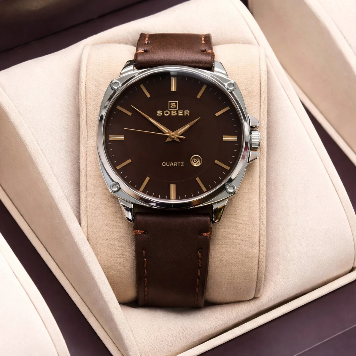 Sober Watch Model 985 Premium Watch Belt Coffe Round Silver  Dial Coffe Colour Watch For Man