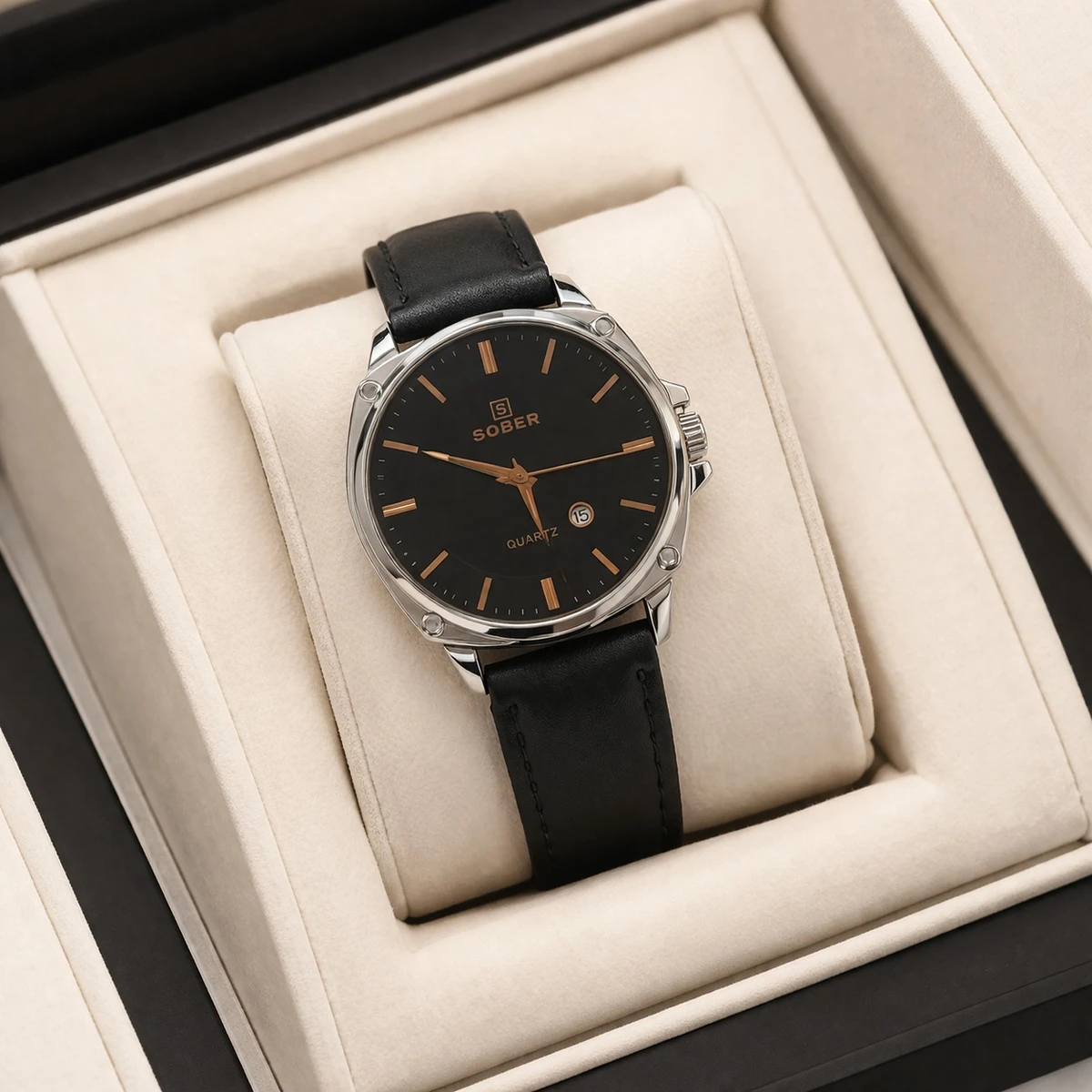 Sober Watch Model 985 Premium Watch Belt Black Round White  Dial Black Colour Watch For Man