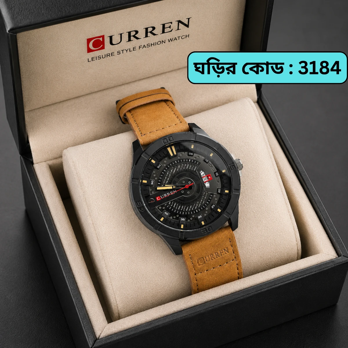 Curren Watch Model 8301 Belt  Brown Dial Black Colour Watch For Man
