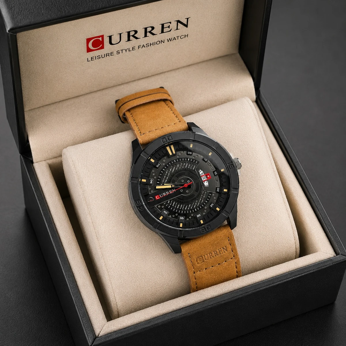 Curren Watch Model 8301 Belt  Brown Dial Black Colour Watch For Man