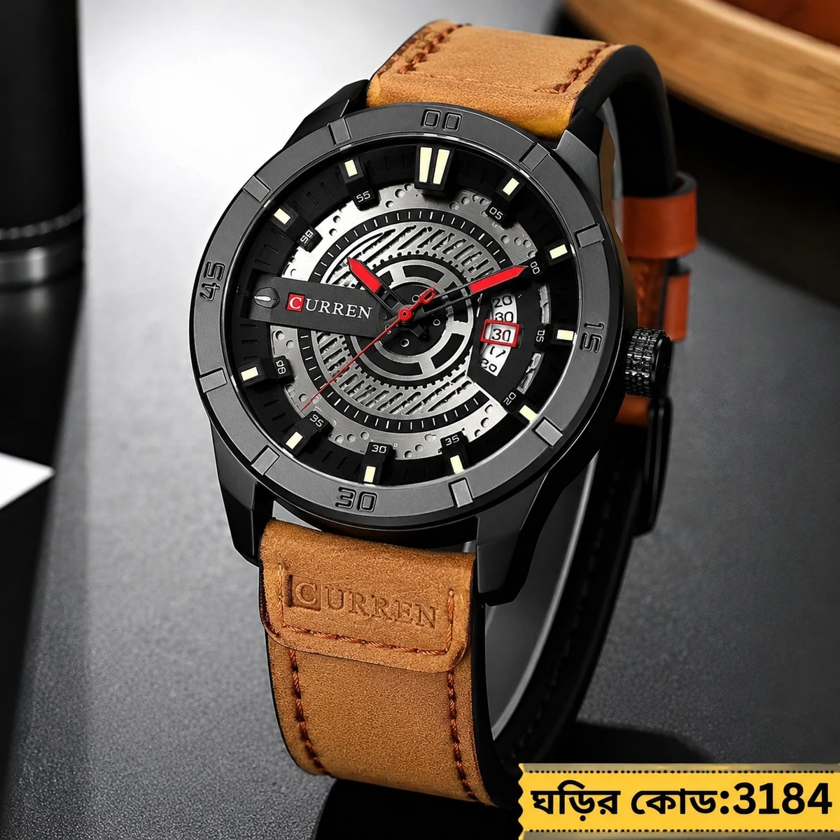 Curren Watch Model 8301 Belt  Brown Dial Black Colour Watch For Man
