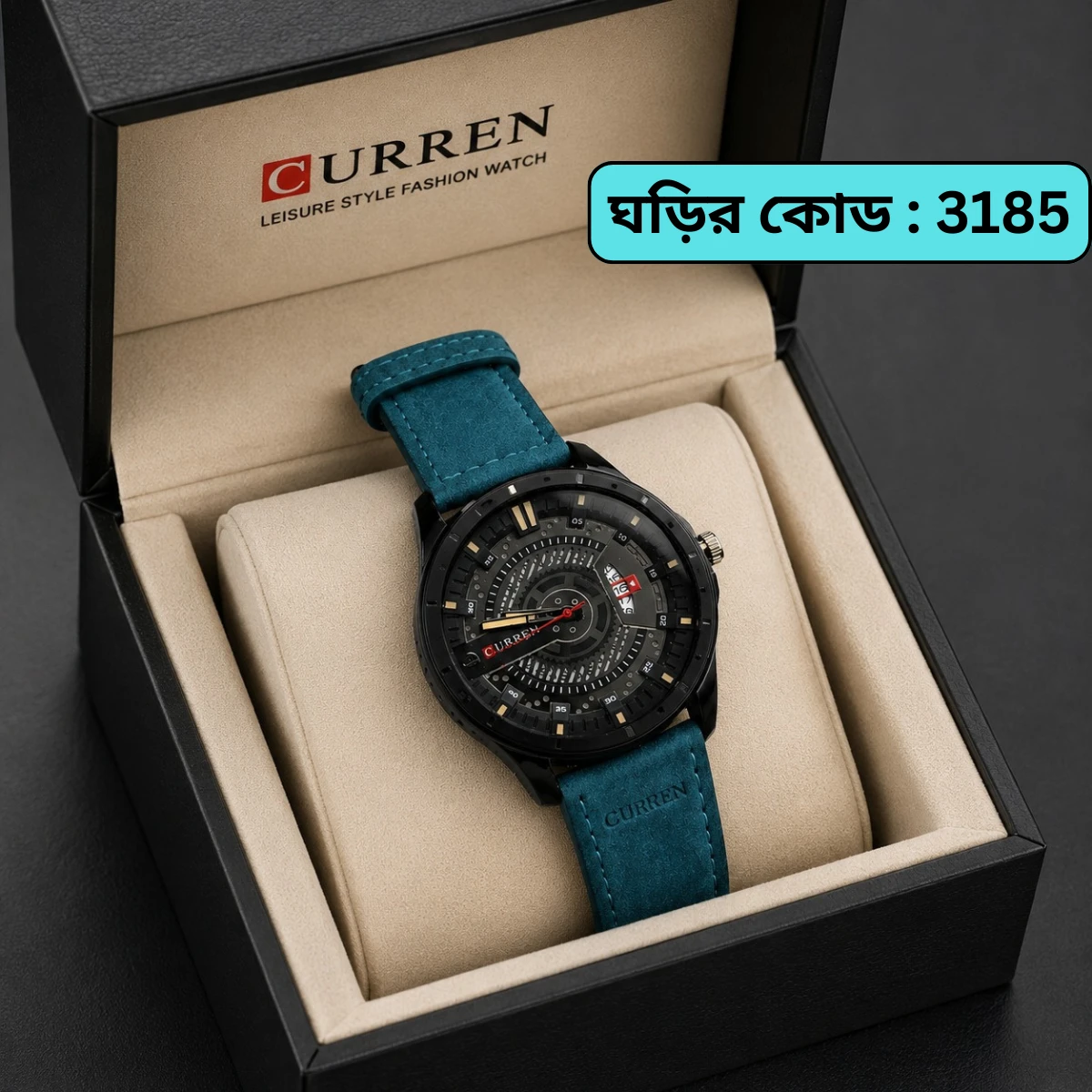 Curren Watch Model 8301 Belt Blue  Dial Black Colour Watch For Man