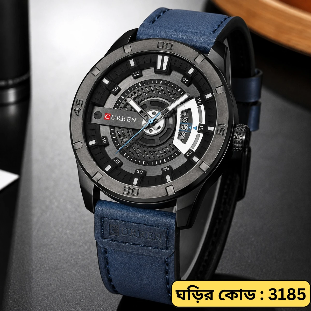Curren Watch Model 8301 Belt Blue  Dial Black Colour Watch For Man