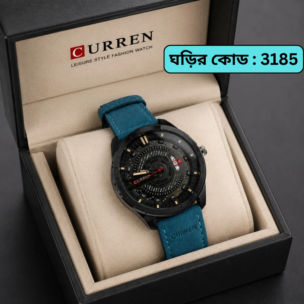 Curren Watch Model 8301 Belt Blue  Dial Black Colour Watch For Man