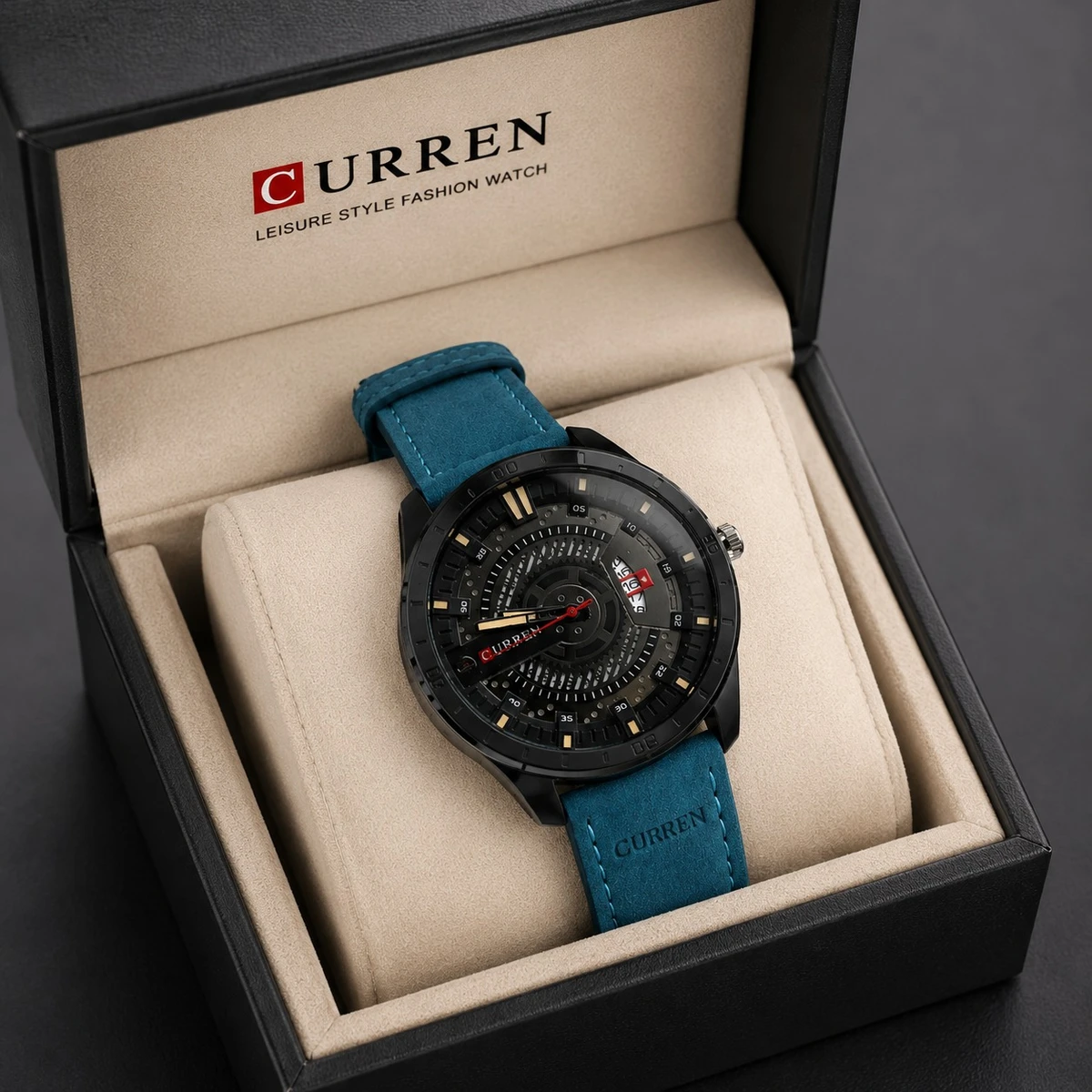 Curren Watch Model 8301 Belt Blue  Dial Black Colour Watch For Man