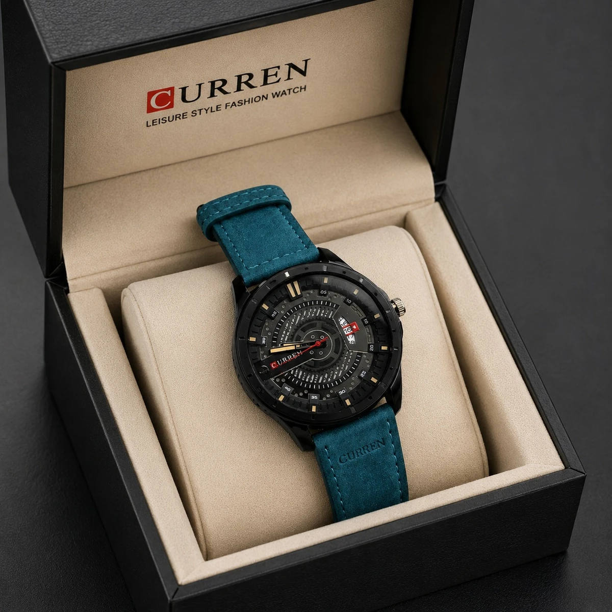 Curren Watch Model 8301 Belt Blue  Dial Black Colour Watch For Man