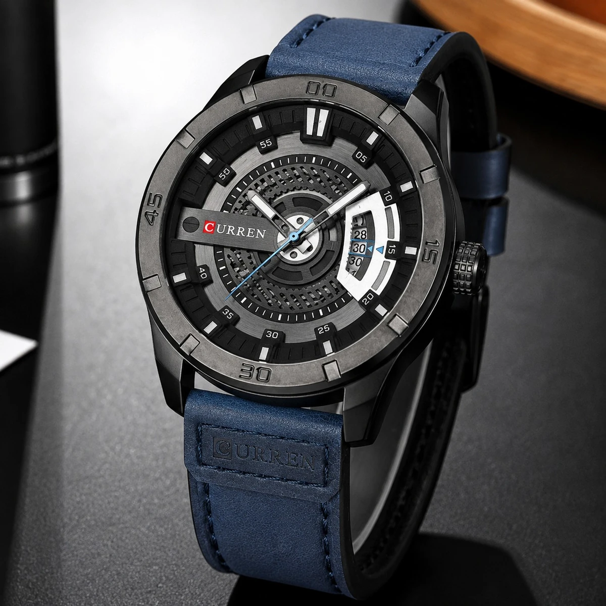 Curren Watch Model 8301 Belt Blue  Dial Black Colour Watch For Man