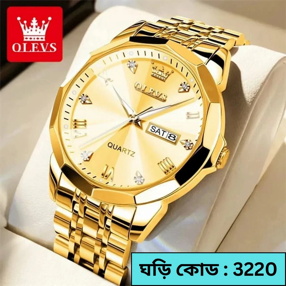 OLEVS  WATCH MODEL 9931 FULL GOLDEN- MAN WATCH - LOCK PUSH + এক পিস ব্যাটারি ফ্রি।