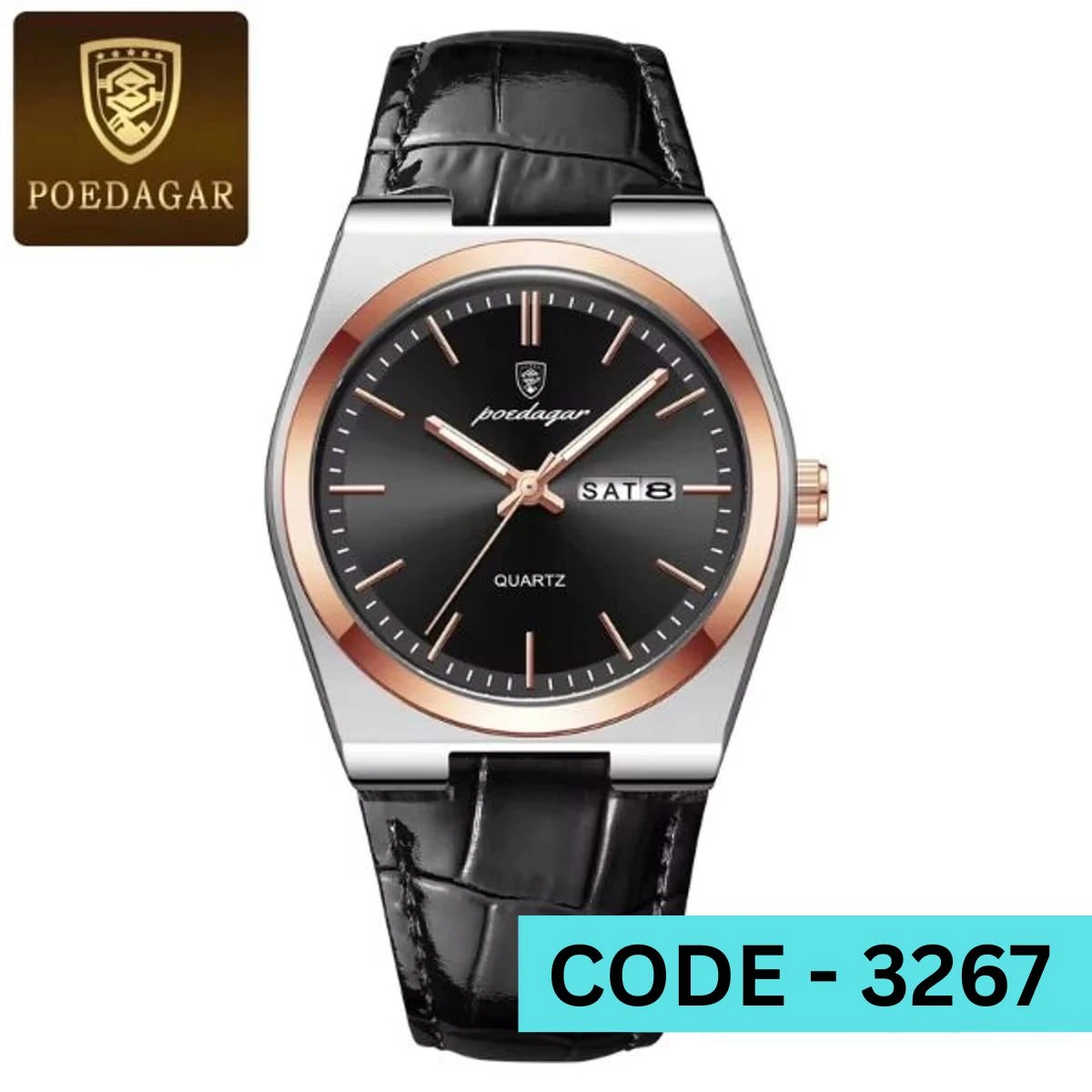 POEDAGAR WATCH MODEL 930 BELT BLACK  ROUND ROSE GOLDEN DIAL BLACK COLOUR WATCH FOR MAN