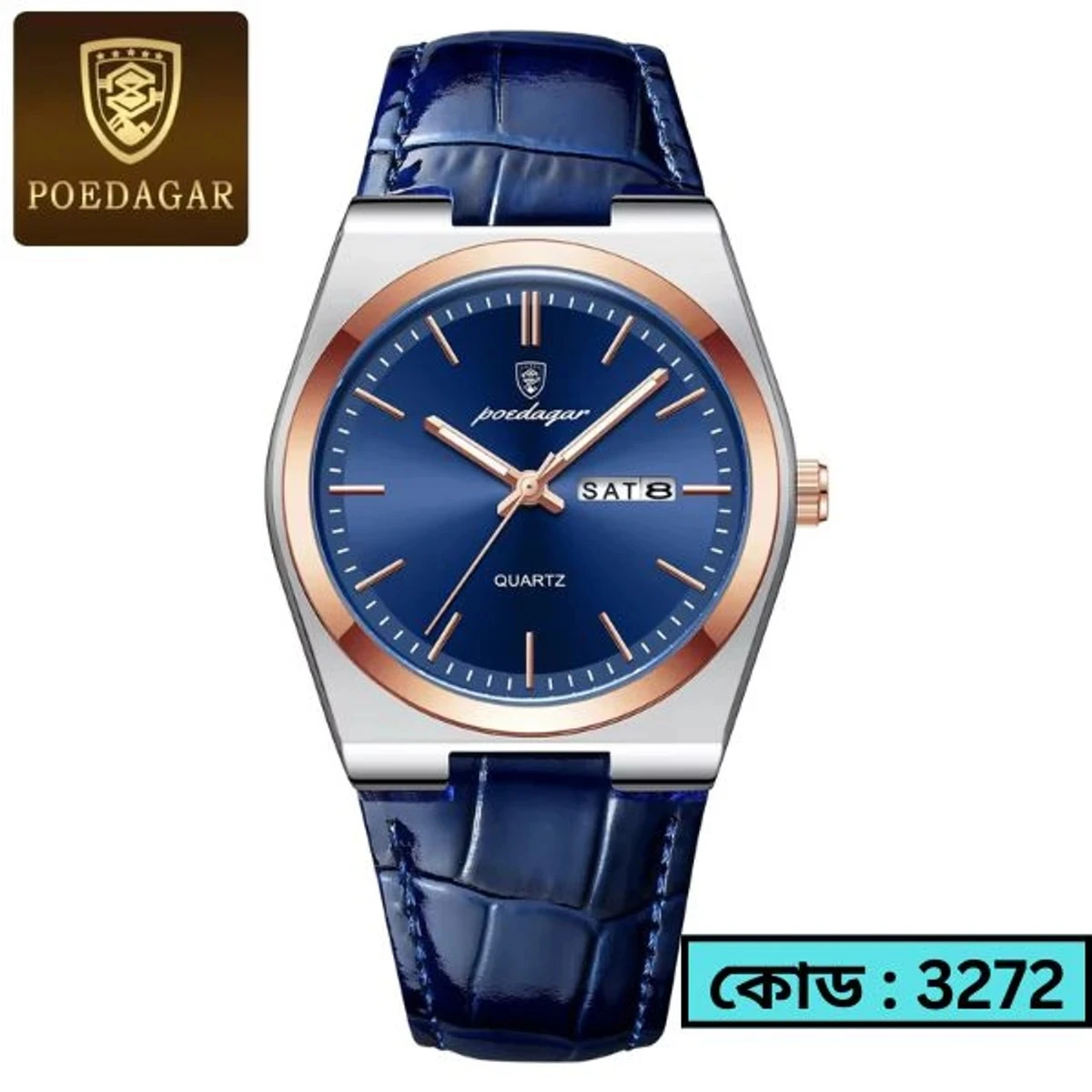 POEDAGAR WATCH MODEL 930 BELT BLUE  ROUND ROSE GOLDEN DIAL BLUE COLOUR WATCH FOR MAN
