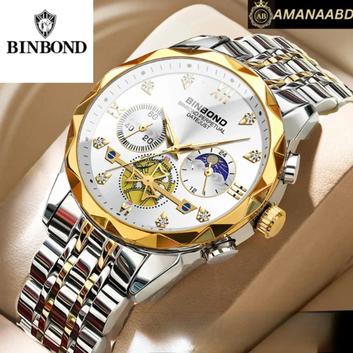 BINBOND Chronograph watch TOTON AR DIAL WHITE  COLOUR WATCH MEN LOCK PUSH + এক পিস ব্যাটারি ফ্রি।