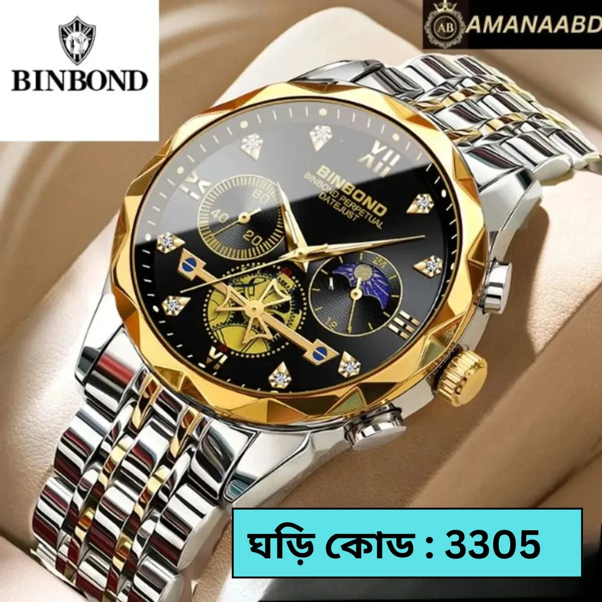 BINBOND Chronograph watch TOTON AR DIAL BLACK COLOUR WATCH MEN LOCK PUSH + এক পিস ব্যাটারি ফ্রি।
