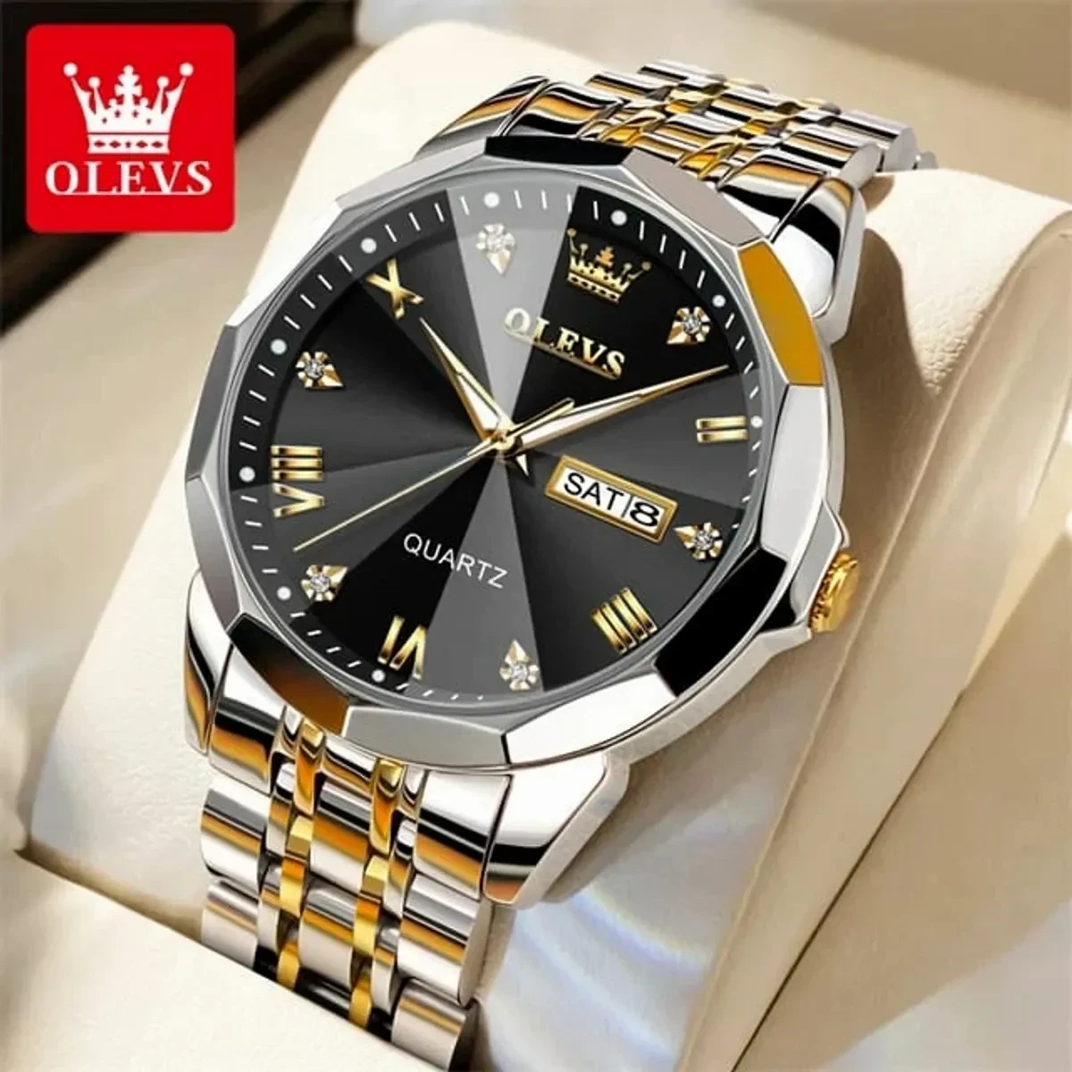 COMBO WATCH 2PS OLEVS MODEL 9931 TOTON DIAL BLACK MAN 1PS + WOMEN 1PS - 2 পিস ব্যাটারি ফ্রি।